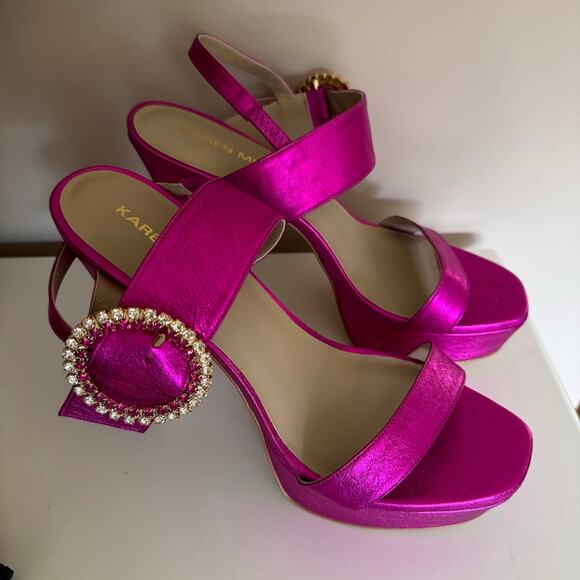 Karen Millen Fuchsia Open Toe Pink Rhinestone Buckle High Heels Sandal 40 / 9 - Picture 4 of 9